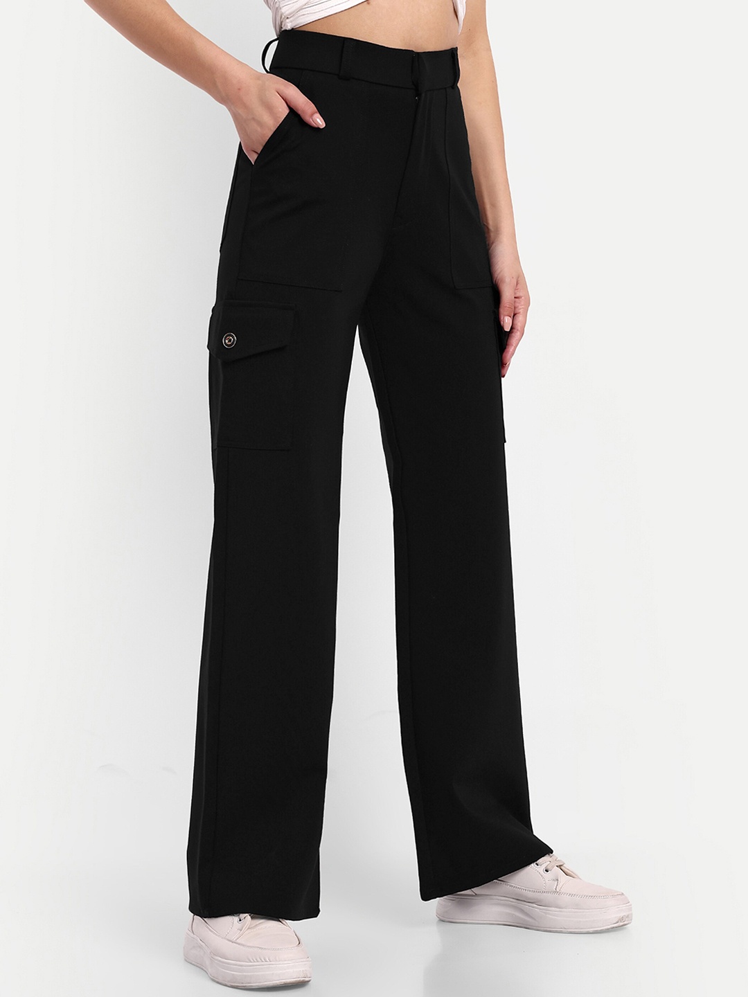 

BROADSTAR Women Black Smart Straight Fit High-Rise Easy Wash Cargos