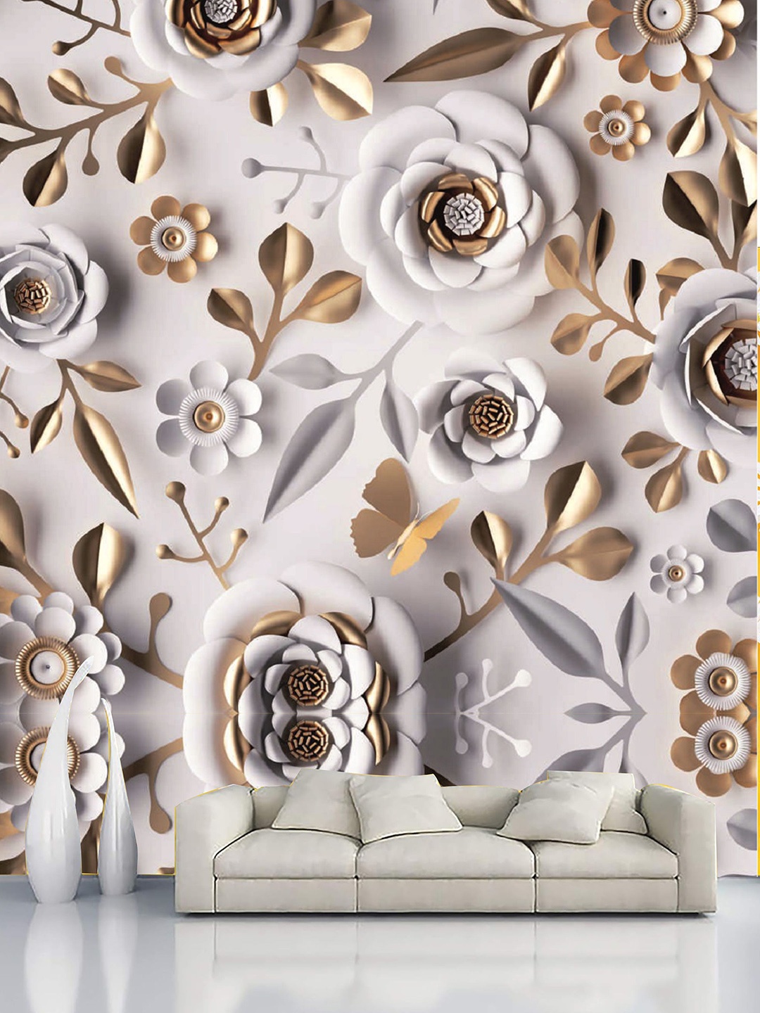 

KSHIRSA Grey & Gold floral Self Adhesive Removable Wall Decals & Sticker