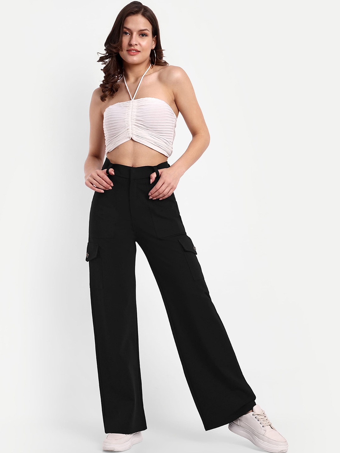 

Next One Women Smart Straight Fit High-Rise Easy Wash Cargos, Black