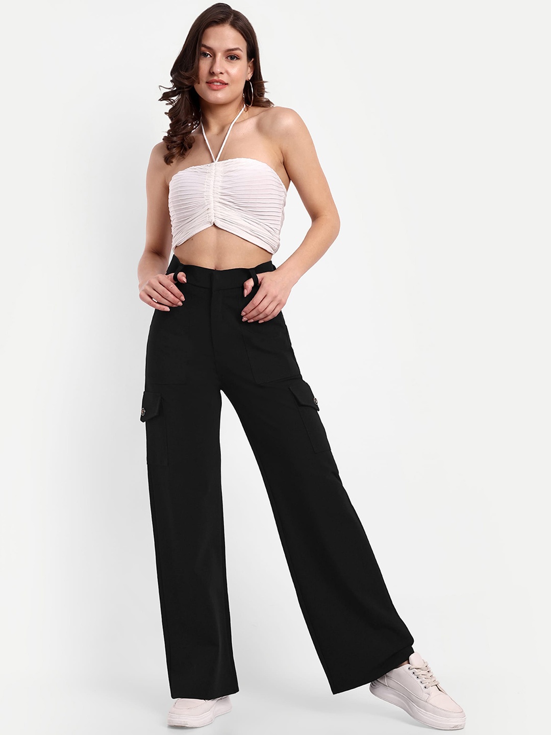 

Next One Women Smart Straight Fit High-Rise Easy Wash Cargos, Black