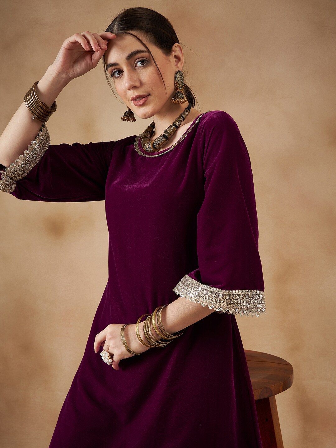 

Sangria Round Neck Bell Sleeves Sequinned Velvet Anarkali Kurta & Trousers, Purple