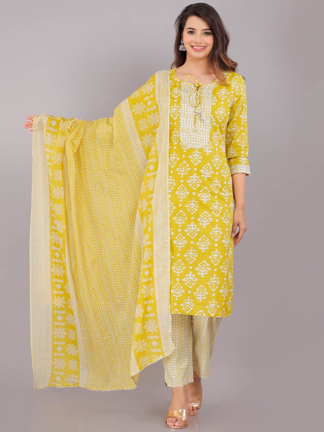 

KALINI Ethnic Motif Printed Gotta Patti Pure Cotton Kurta With Trousers & Dupatta, Yellow