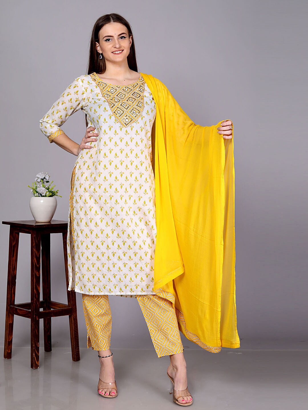 

KALINI Floral Printed Sequinned Pure Cotton Kurta With Trousers & Dupatta, Yellow