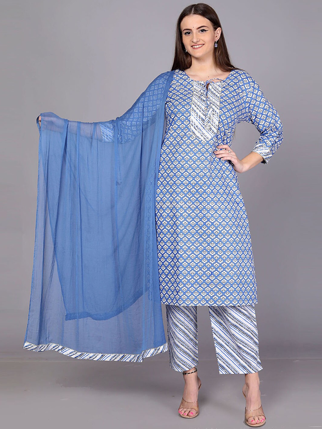 

KALINI Ethnic Motifs Printed Regular Gotta Patti Kurta With Trousers & Dupatta, Blue