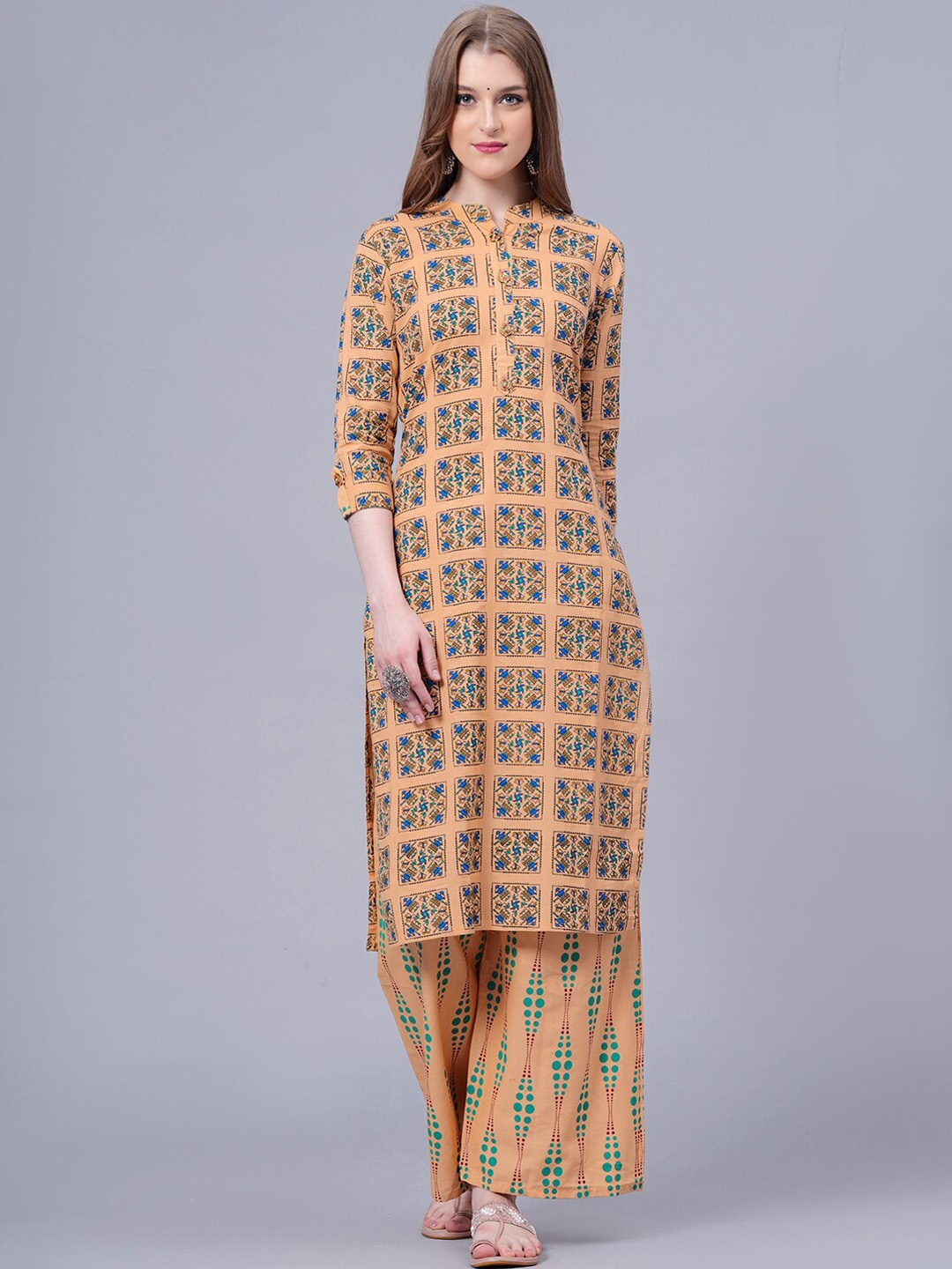 

KALINI Ethnic Motifs Printed Mandarin Collar Pure Cotton Straight Kurta With Palazzo, Beige