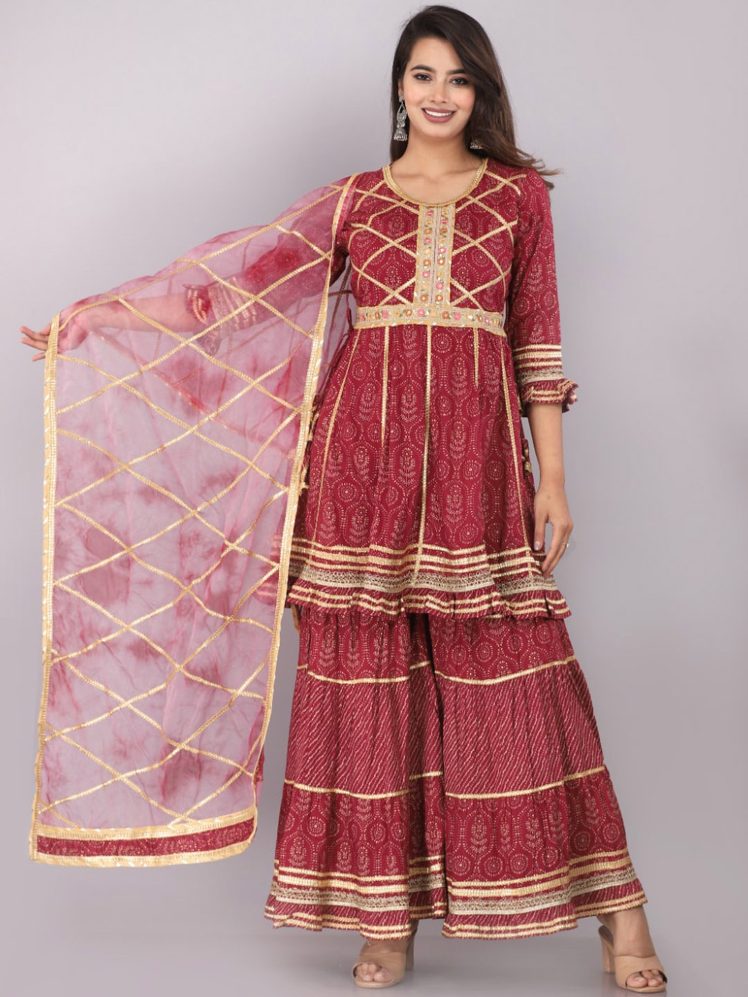 

KALINI Ethnic Motif Printed Gotta Patti Kurta With Sharara & Dupatta, Maroon