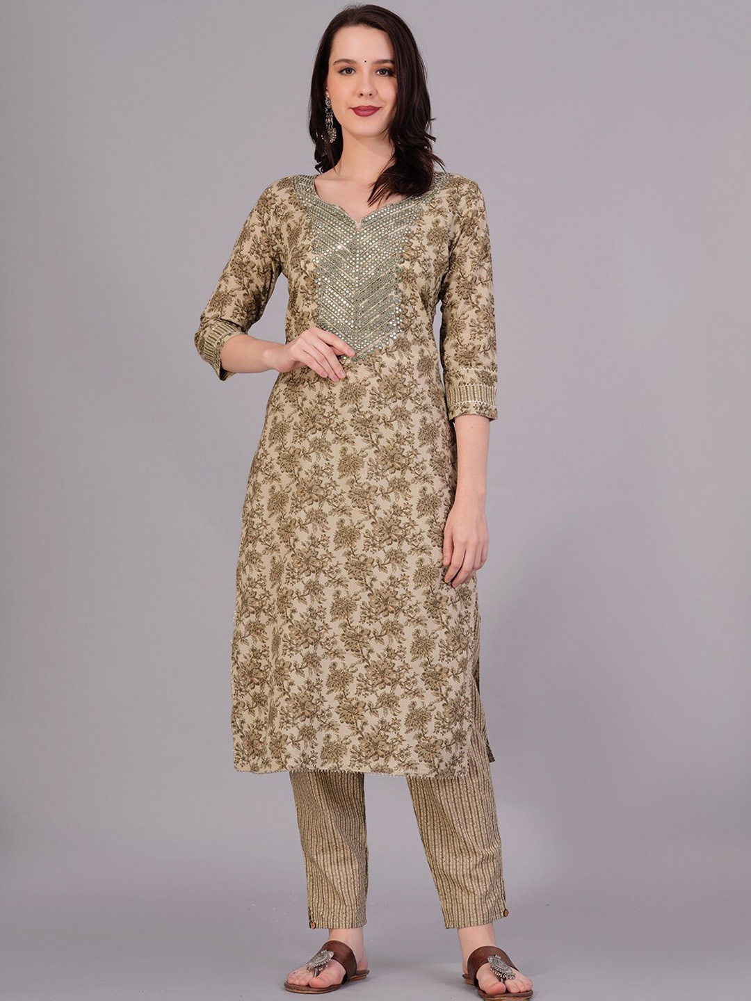 

KALINI Floral Printed Mirror Work Pure Cotton Kurta With Trousers & Dupatta, Brown