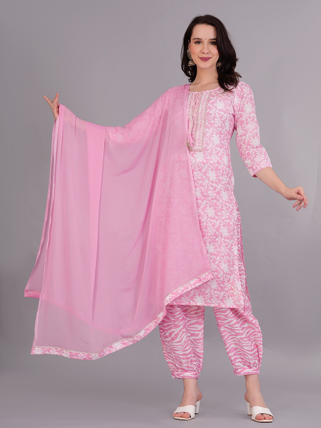 

KALINI Floral Printed Mirror Work Tie-Up Neck Pure Cotton Kurta With Trousers & Dupatta, Pink