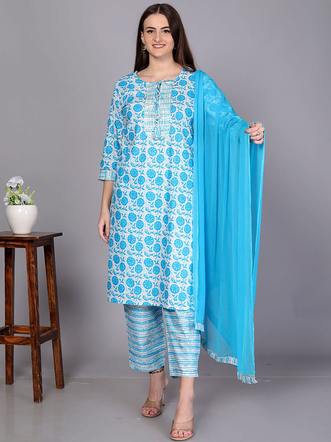 

KALINI Floral Printed Tie-Up Neck Gotta Patti Pure Cotton Kurta With Trousers & Dupatta, Blue