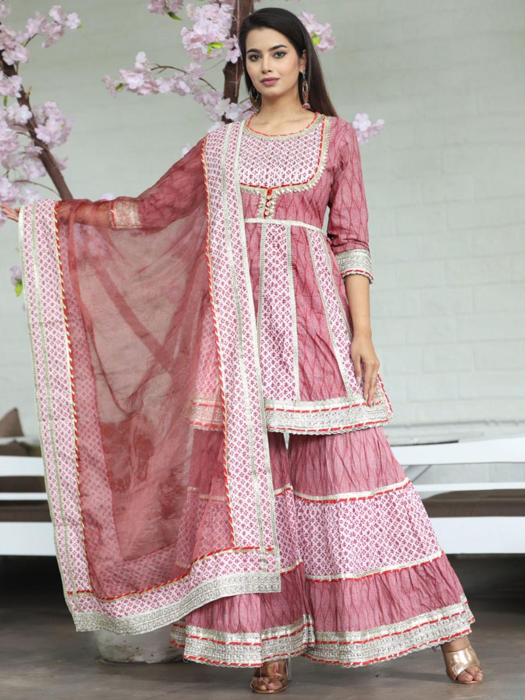 

KALINI Ethnc Motif Printed Gotta Patti Pure Cotton Kurta With Sharara & Dupatta, Pink