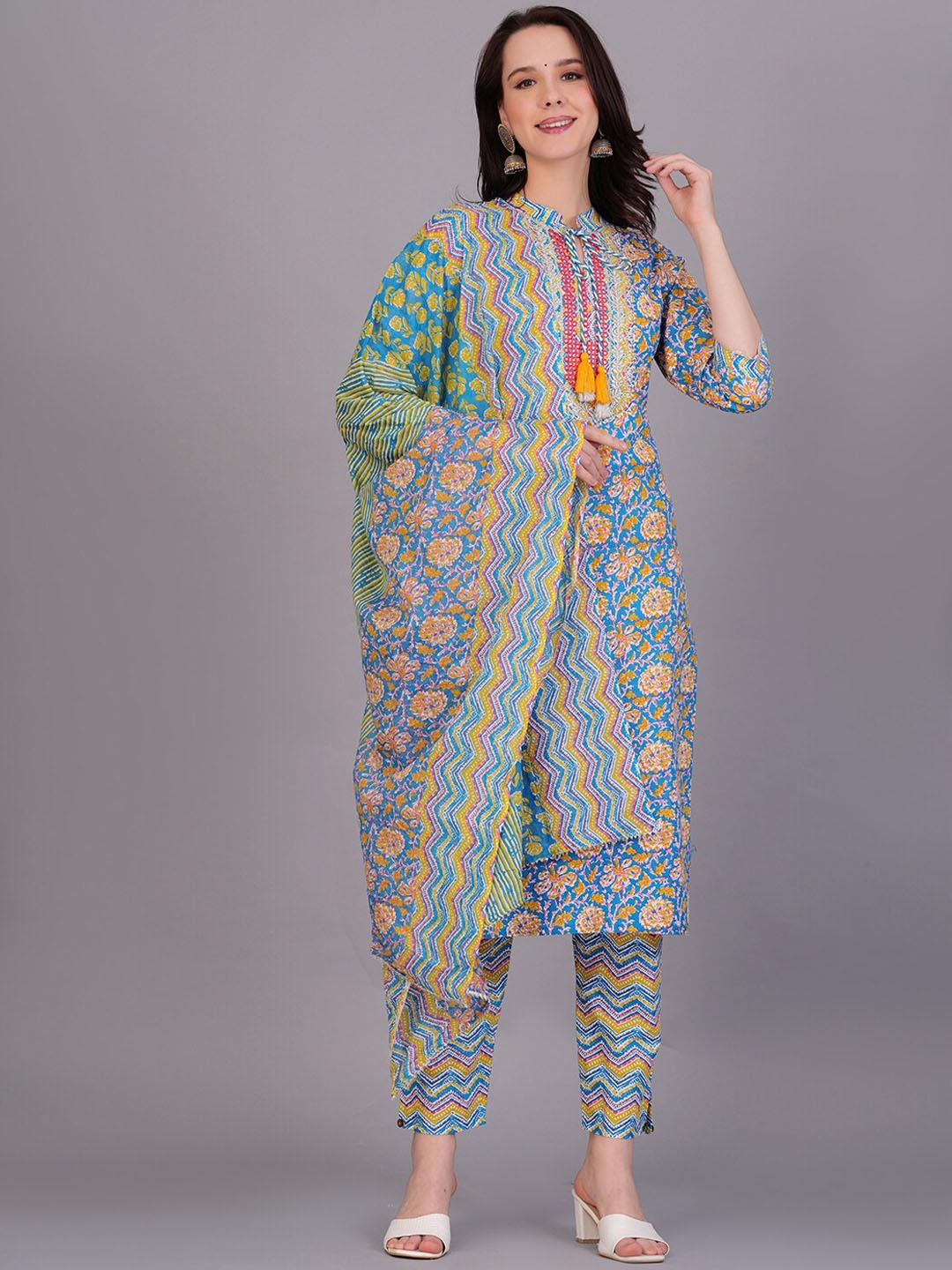 

KALINI Floral Printed Mirror Work Pure Cotton Kurta With Trousers & Dupatta, Blue