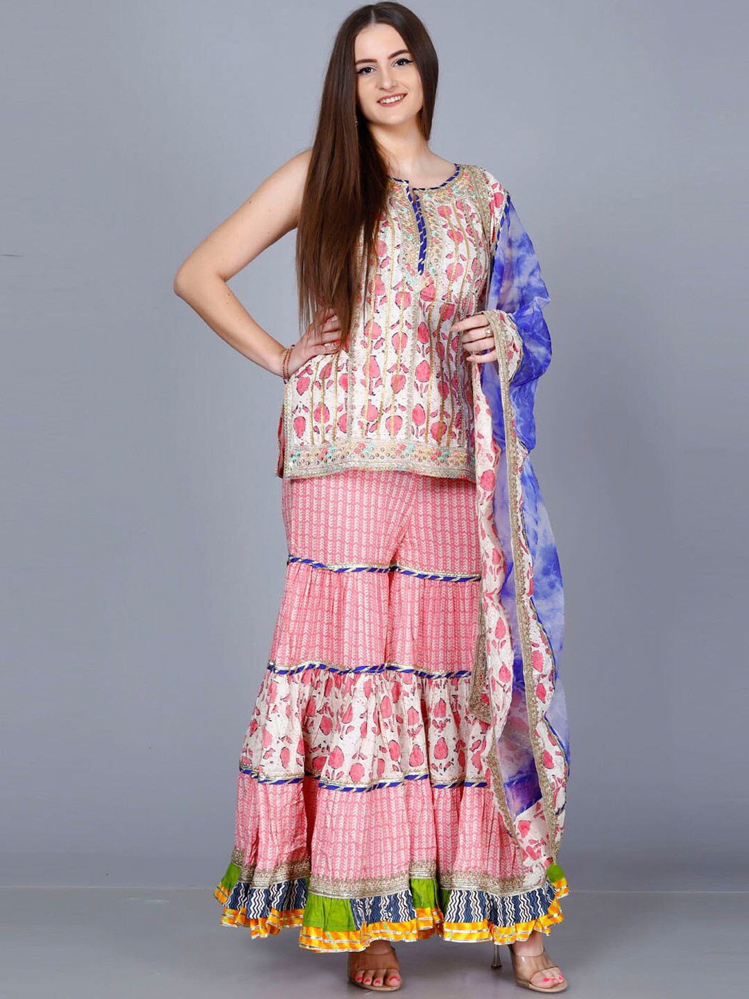 

KALINI Floral Printed Round Neck Gotta Patti Pure Cotton Kurta With Sharara & Dupatta, Pink