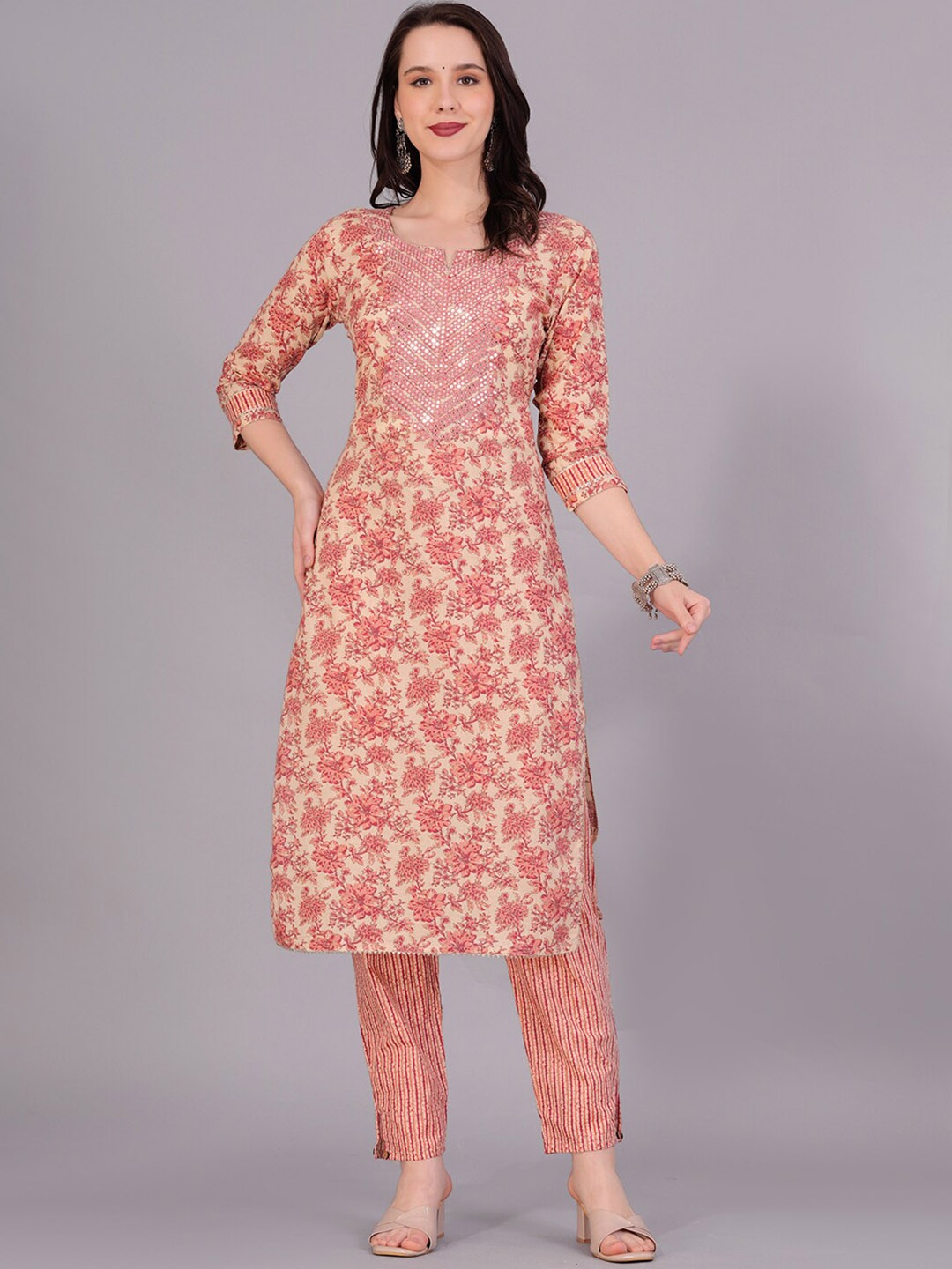 

KALINI Floral Printed Pure Cotton Mirror Work Pure Cotton Kurta & Trousers With Dupatta, Peach