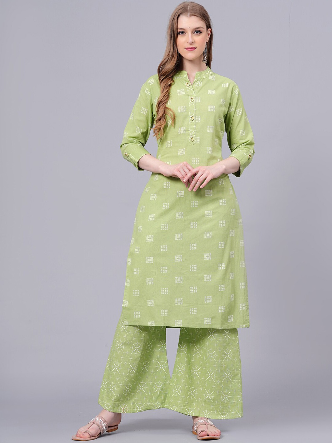 KALINI Geometric Printed Regular Pure Cotton Kurta With Palazzos, Green