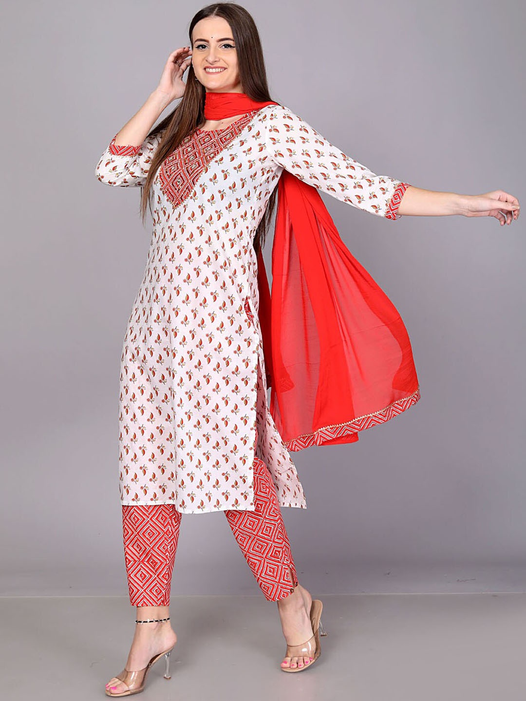 KALINI Ethnic Motifs Printed Regular Pure Cotton Mirror Work Kurta With Trousers & Dupatta, Red