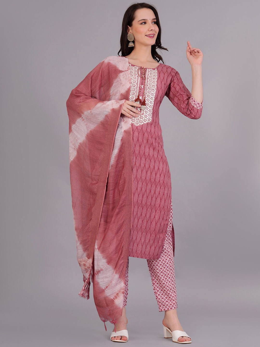 

KALINI Ethnic Motifs Printed Regular Pure Cotton Mirror Work Kurta With Trousers & Dupatta, Pink