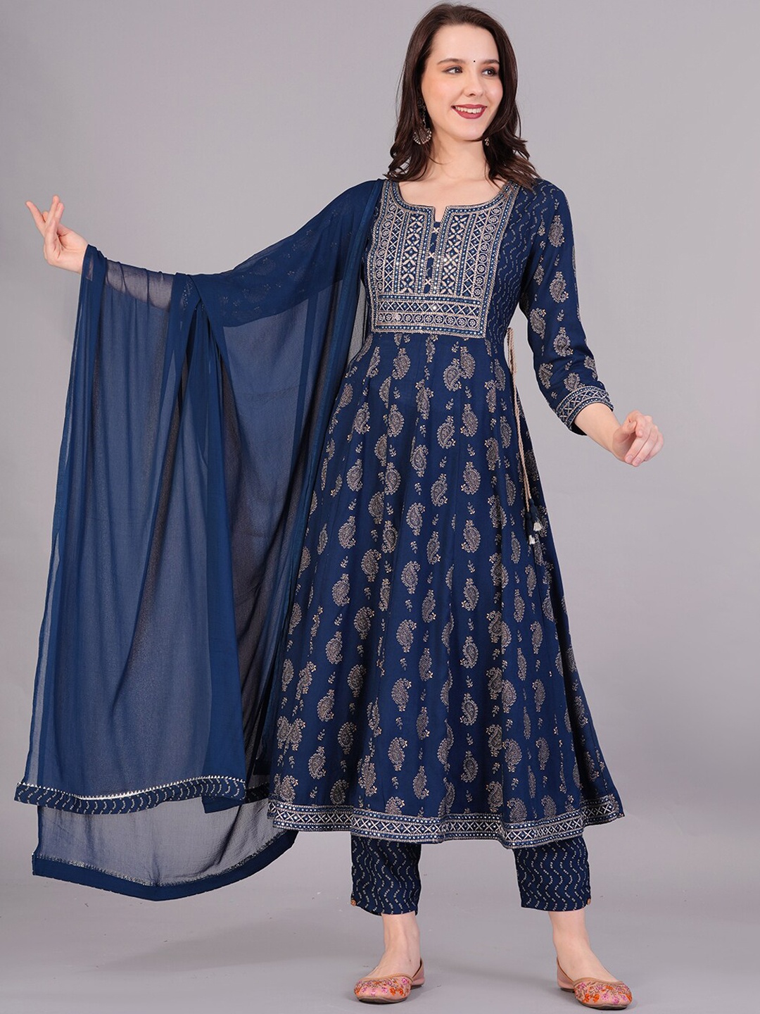 KALINI Paisley Printed Mirror Work Detailed Anarkali Kurta & Trouser With Dupatta, Navy blue