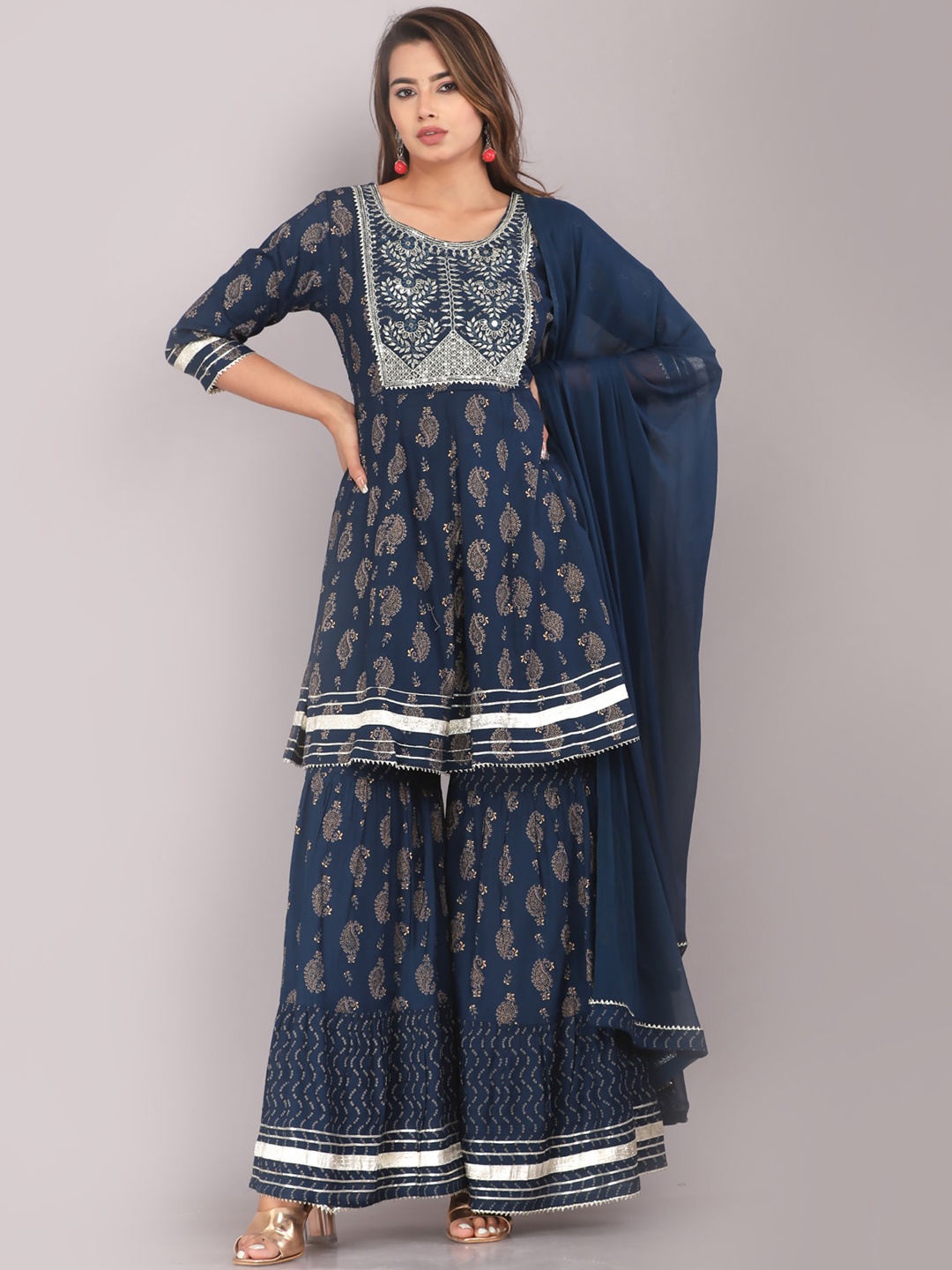 

KALINI Paisley Printed Mirror Work Empire Anarkali Kurta With Sharara & Dupatta, Navy blue