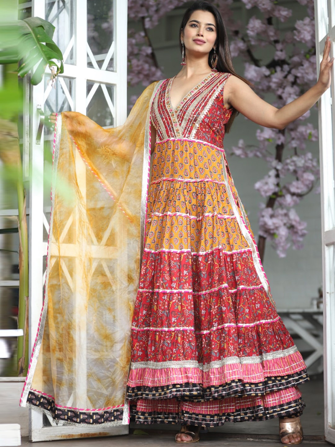 

KALINI Ethnic Motifs Printed Gotta Patti Pure Cotton Anarkali Kurta With Sharara & Dupatta, Mustard