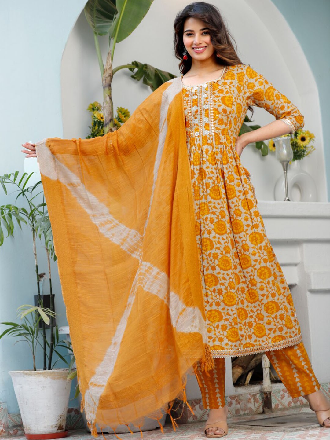 KALINI Floral Printed Mirror Work Detail Pure Cotton Anarkali Kurta & Trouser With Dupatta, Mustard