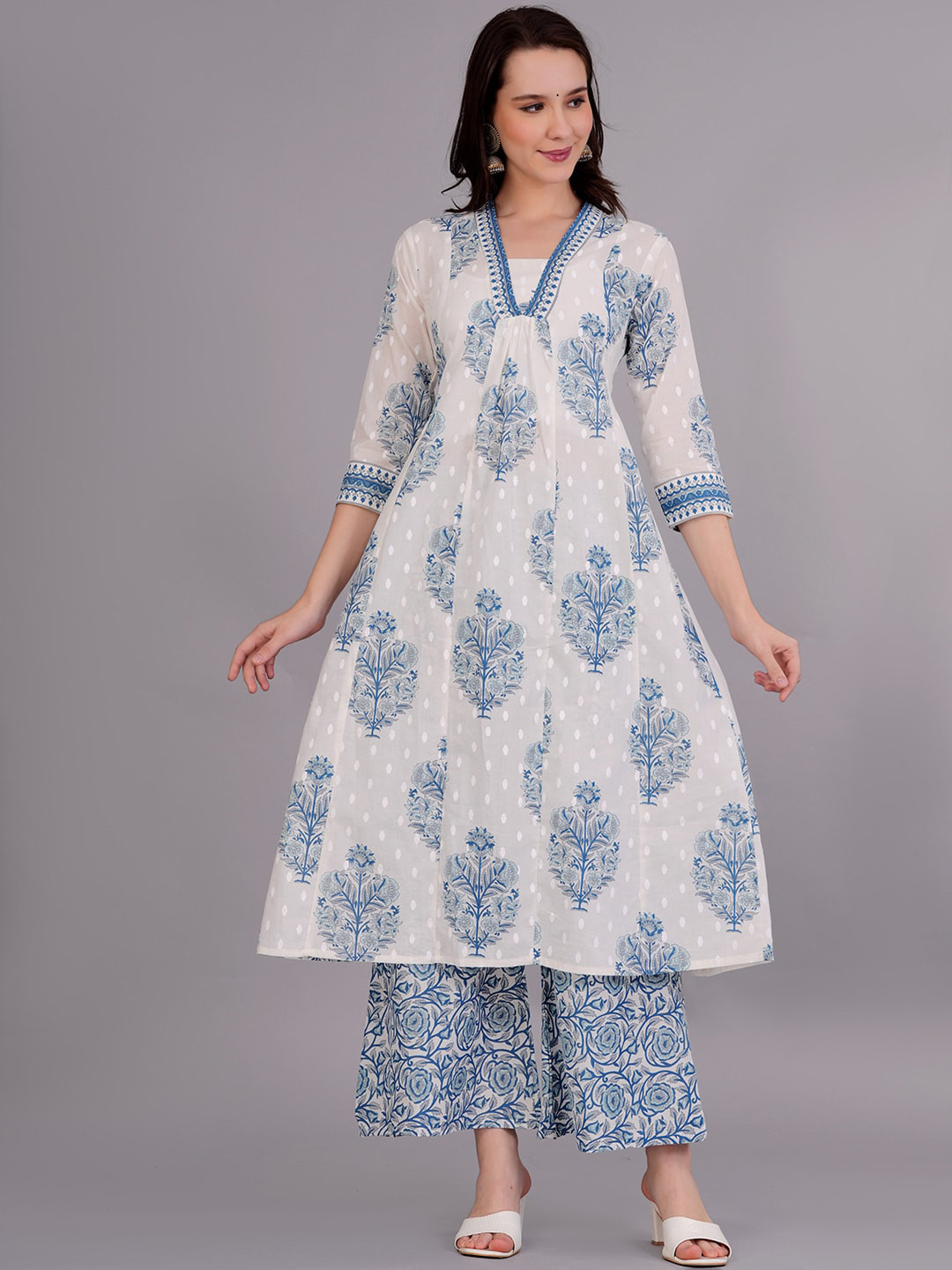 

KALINI Ethnic Motifs Printed Pure Cotton Empire A-Line Kurta with Palazzos & With Dupatta, White