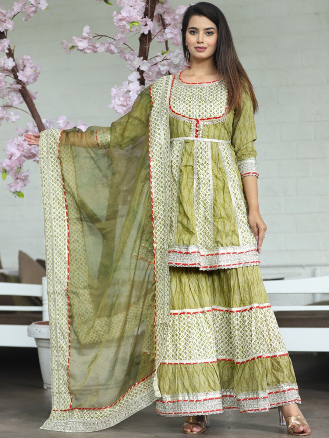 

KALINI Ethnic Motifs Printed High Slit Pure Cotton A-line Kurta & Sharara With Dupatta, Green