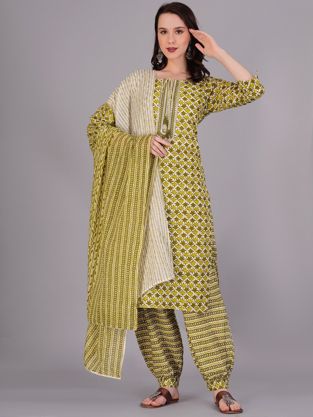 

KALINI Floral Printed Tie Up Neck Pure Cotton Kurta with Trousers & Dupatta, Green