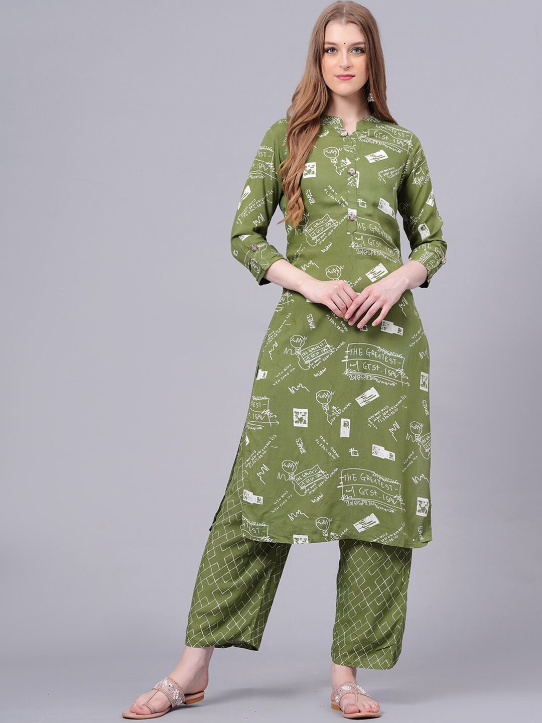 

KALINI Abstract Printed Mandarin Collar Straight Kurta With Trouser, Green
