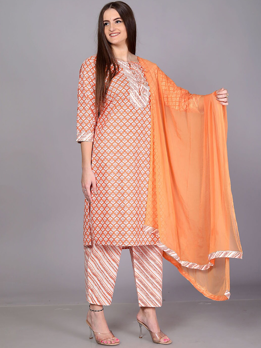

KALINI Ethnic Motifs Printed Gotta Patti Pure Cotton Kurta With Trousers & Dupatta, Orange