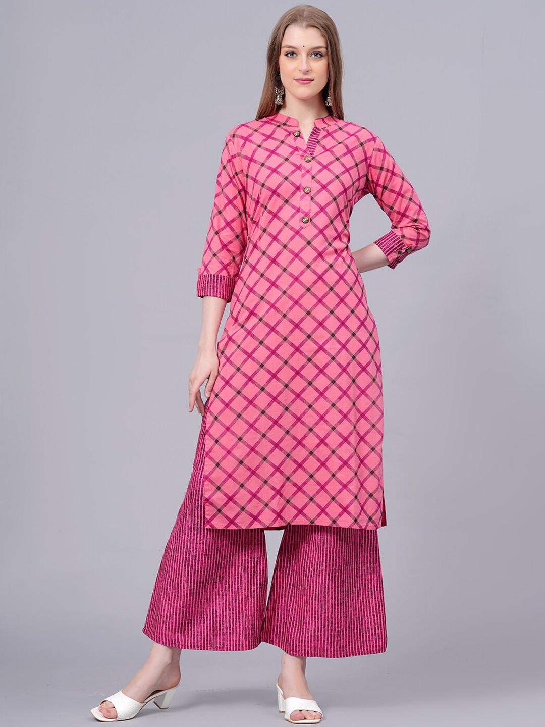 

KALINI Checked Mandarin Collar Pure Cotton Straight Kurta with Palazzos, Pink
