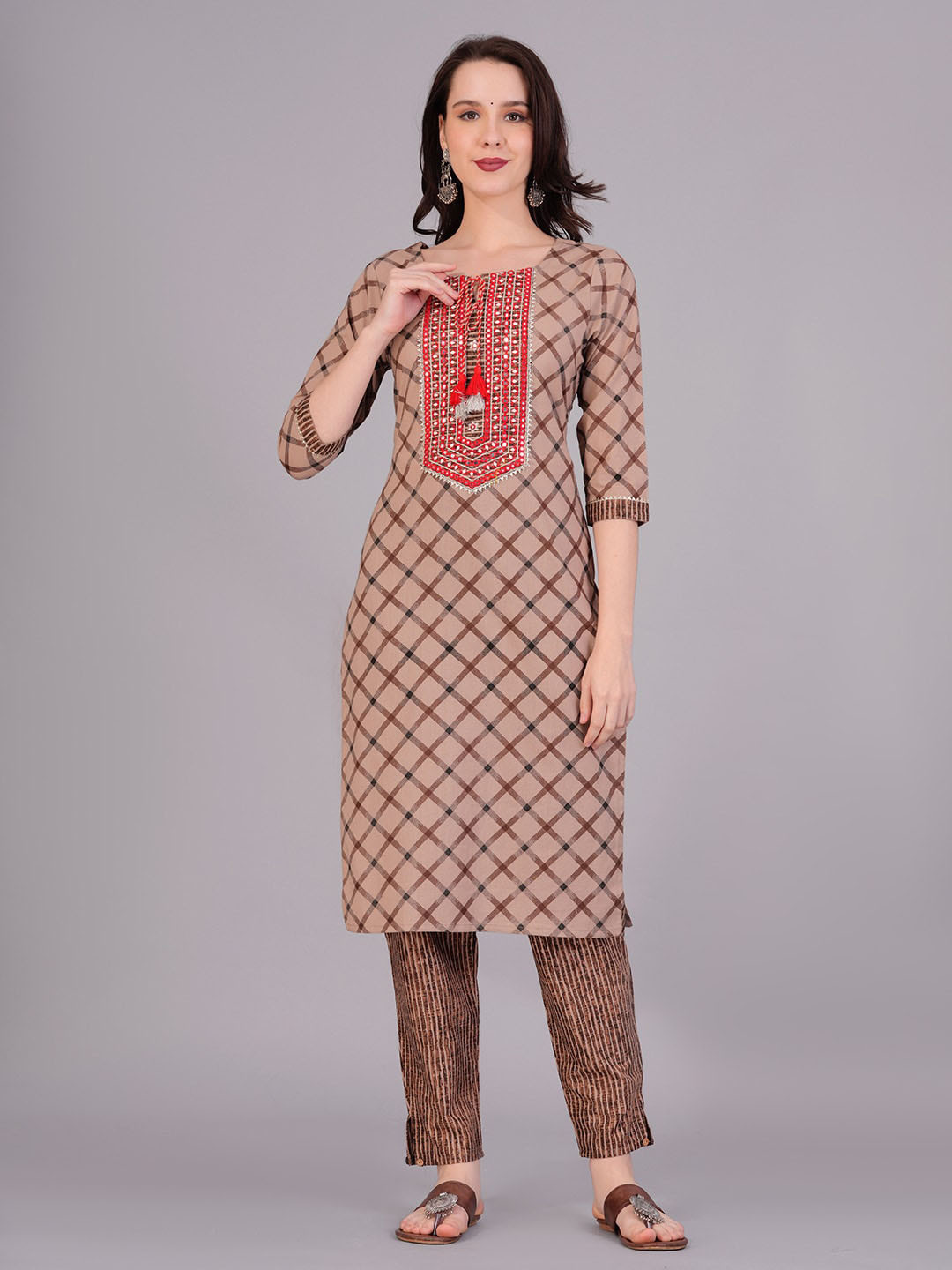

KALINI Checked Mirror Work Detail Pure Cotton Straight Kurta & Trouser With Dupatta, Brown