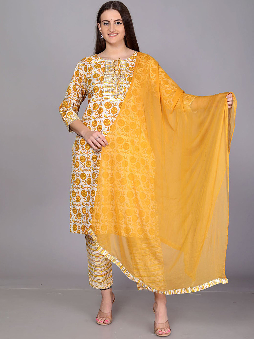

KALINI Floral Printed Regular Pure Cotton Gotta Patti Kurta With Trousers & Dupatta, Yellow
