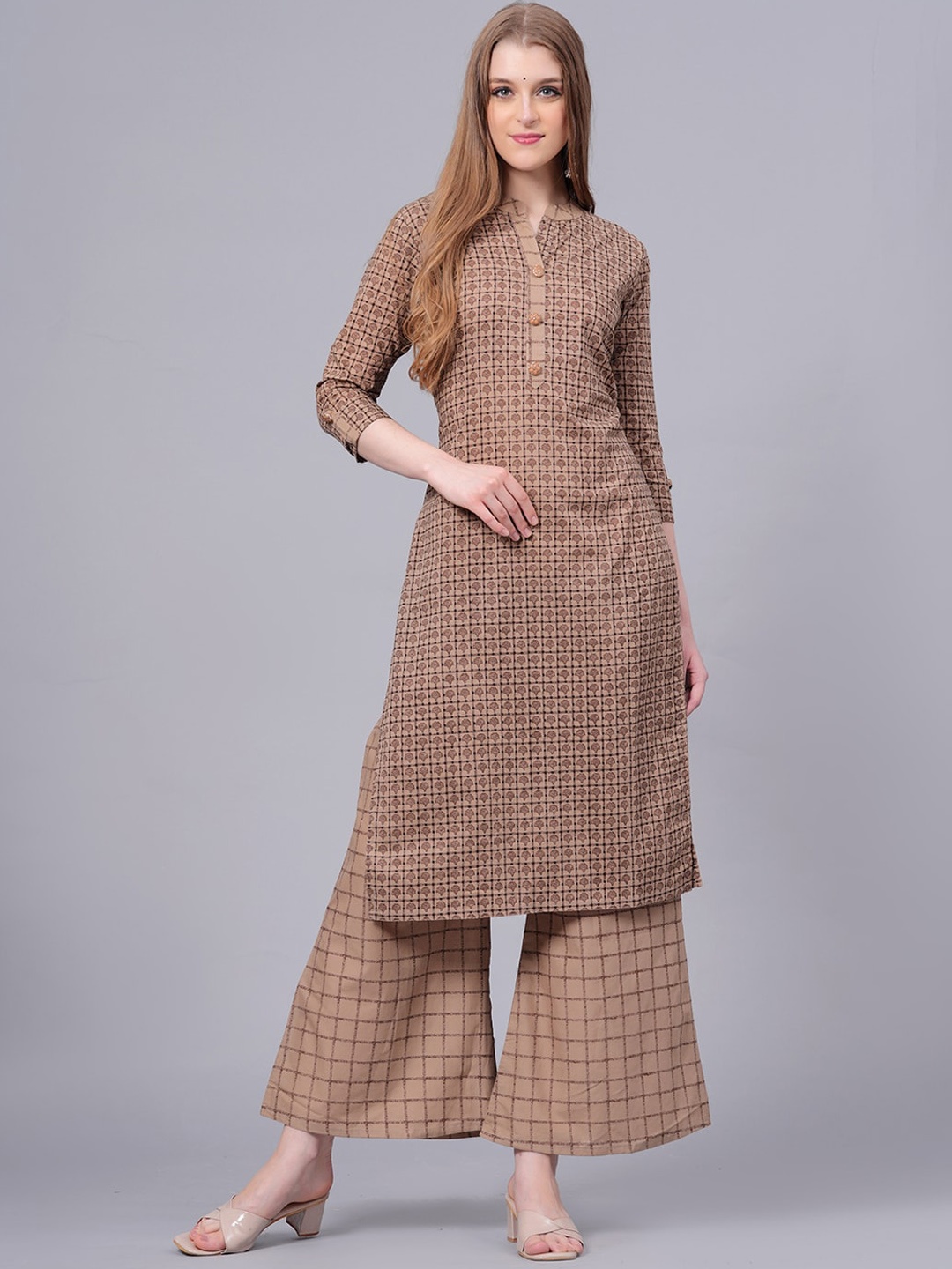 

KALINI Geometric Printed Regular Pure Cotton Kurta With Palazzos, Brown
