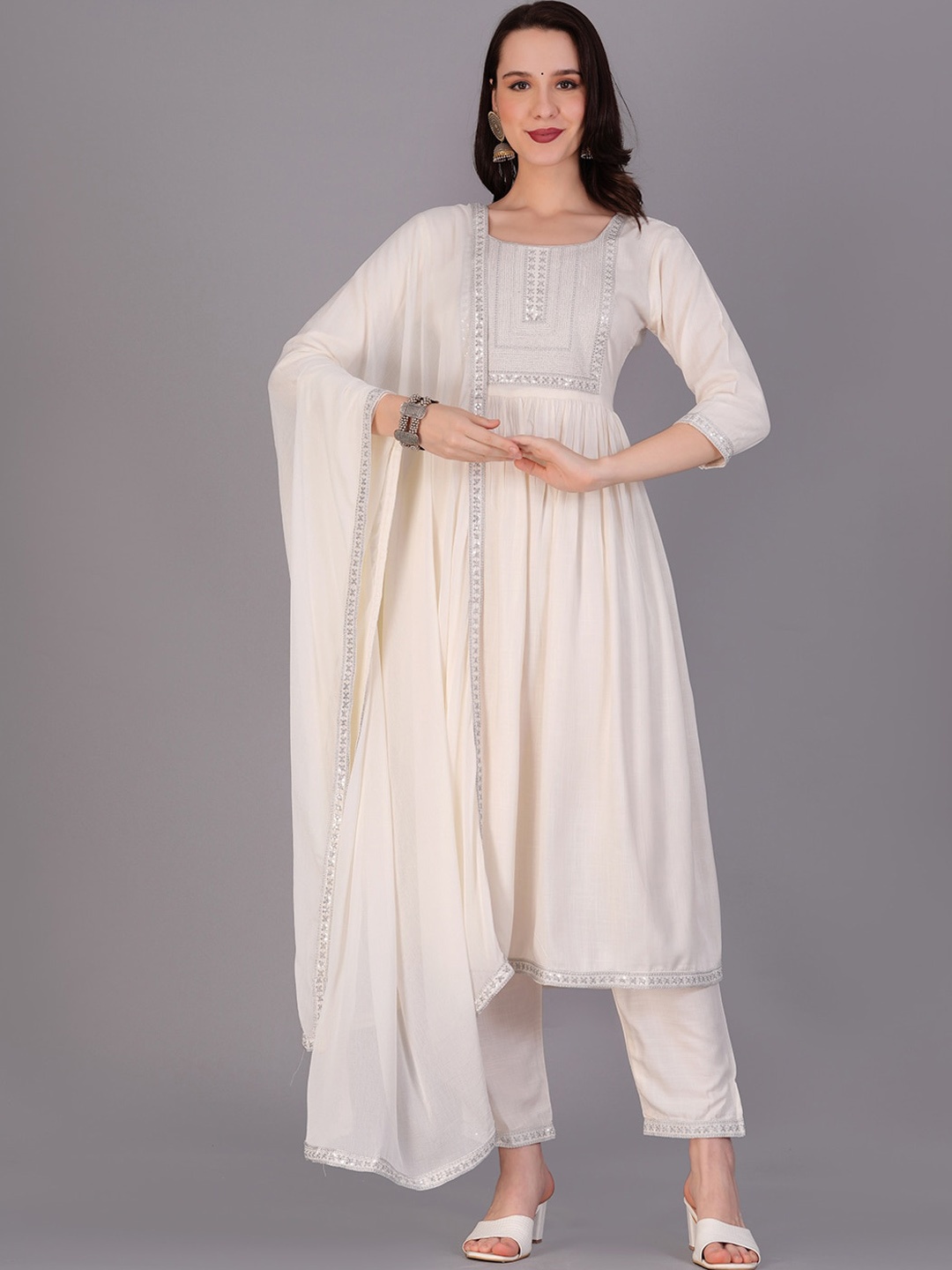 

KALINI Geometric Yoke Design A-Line Thread Work Kurta With Trousers & Dupatta, White
