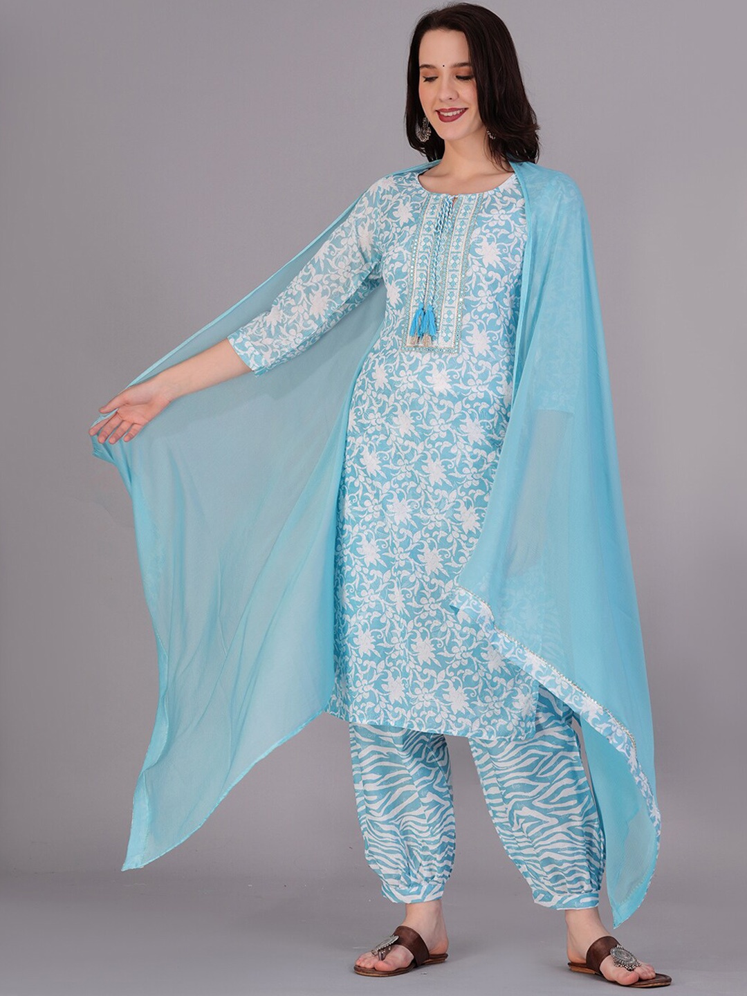 

KALINI Floral Printed Regular Gotta Patti Kurta With Salwar & Dupatta, Blue