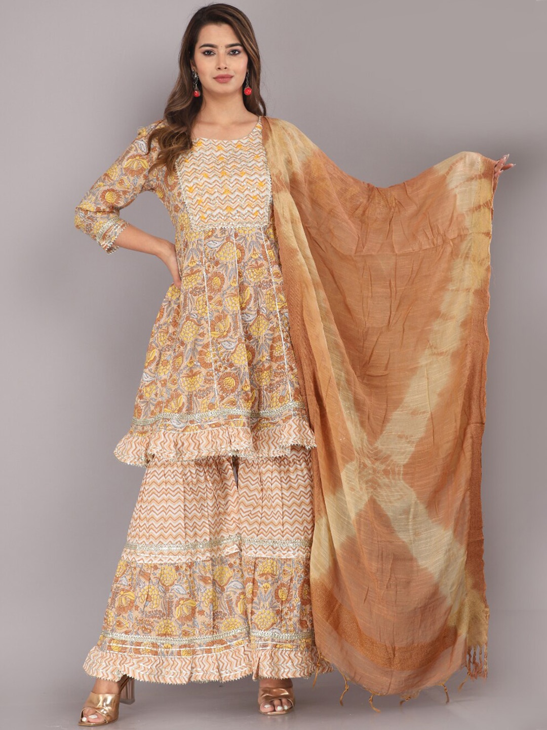 

KALINI Floral Printed Sequinned Pure Cotton Kurta With Sharara & Dupatta, Yellow