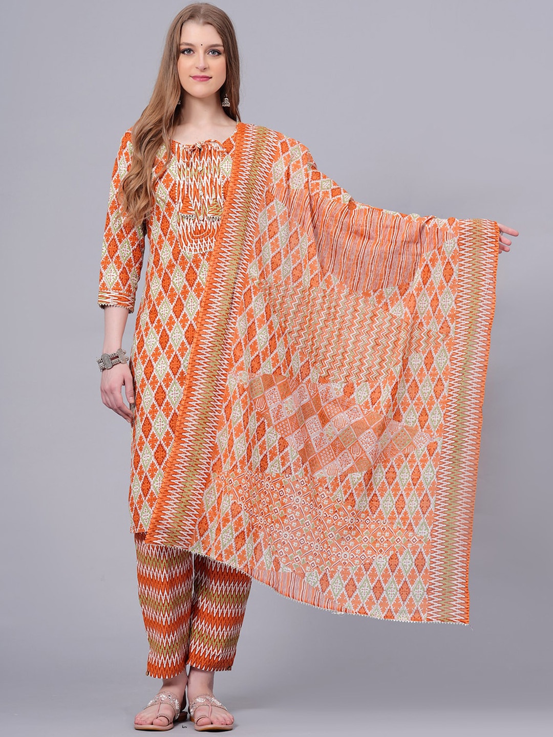 

KALINI Ethnic Motifs Printed Gotta Patti Pure Cotton Kurta With Trousers & Dupatta, Orange