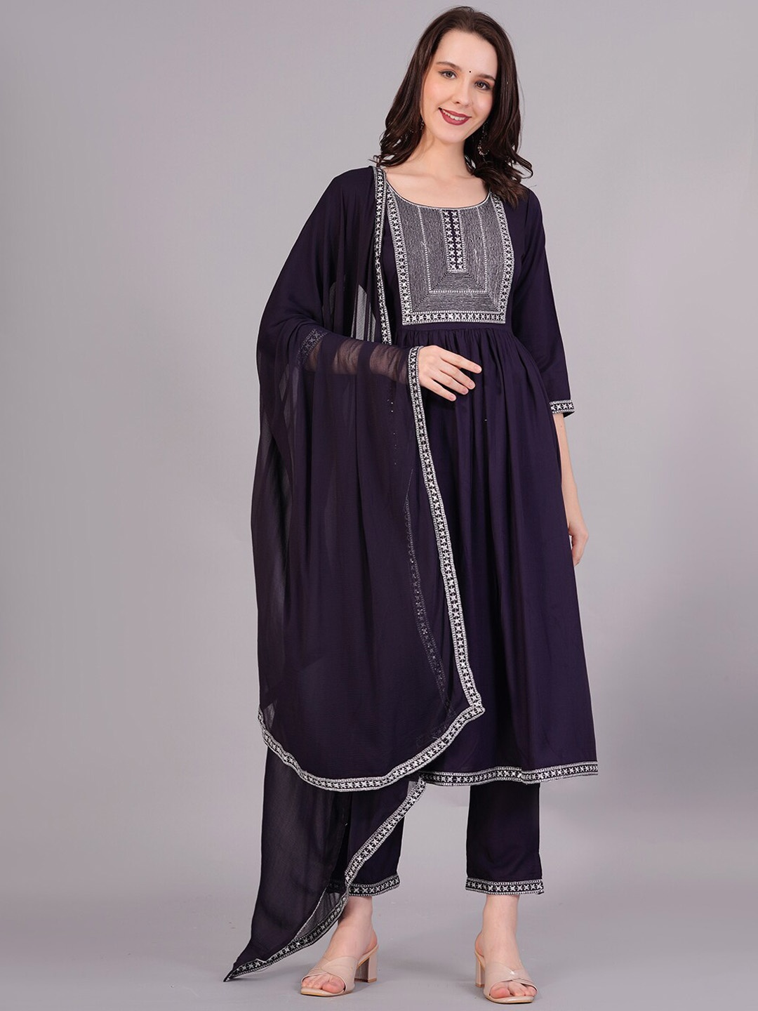 

KALINI Ethnic Motifs Yoke Design A-Line Kurta & Trousers With Dupatta, Blue