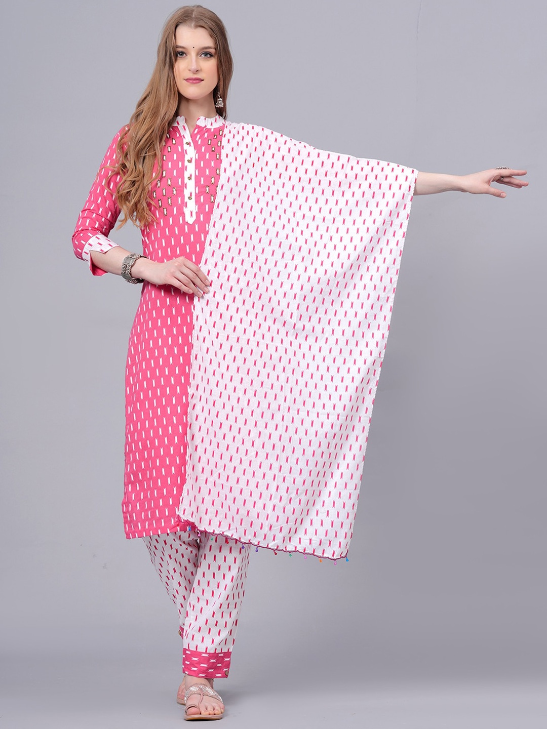 

KALINI Geometric Printed Beads and Stones Pure Cotton Kurta & Trousers With Dupatta, Pink