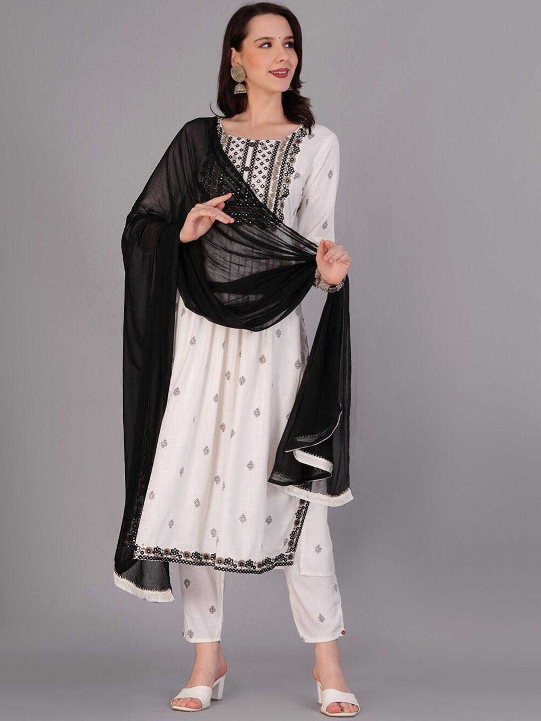 

KALINI Ethnic Motifs Printed Mirror Work Detailed A-Line Kurta & Trouser With Dupatta, White