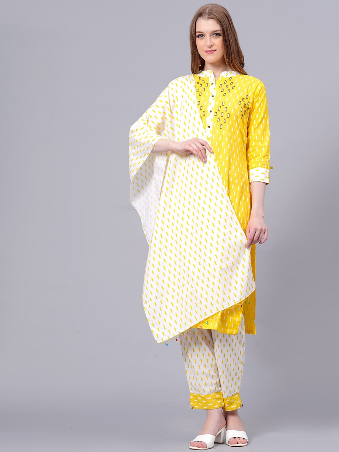 

KALINI Ethnic Motifs Printed Pure Cotton Beads and Stones Kurta With Trousers & Dupatta, Yellow