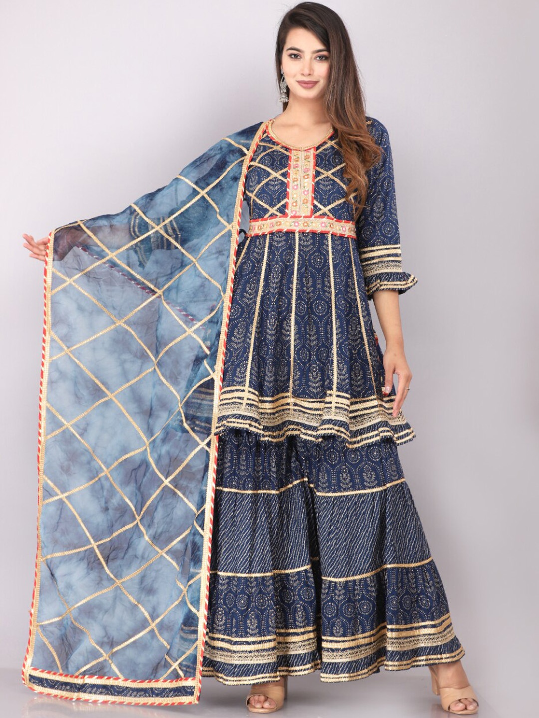

KALINI Ethnic Motifs Printed A-Line Gotta Patti Kurta With Sharara & Dupatta, Blue