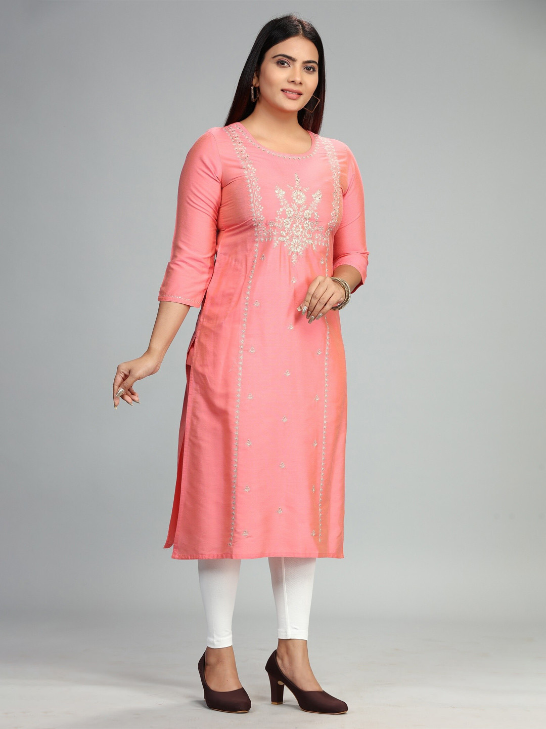 

COTTON CULTURE Floral Embroidered Cotton Silk Thread Work Straight Kurta, Peach