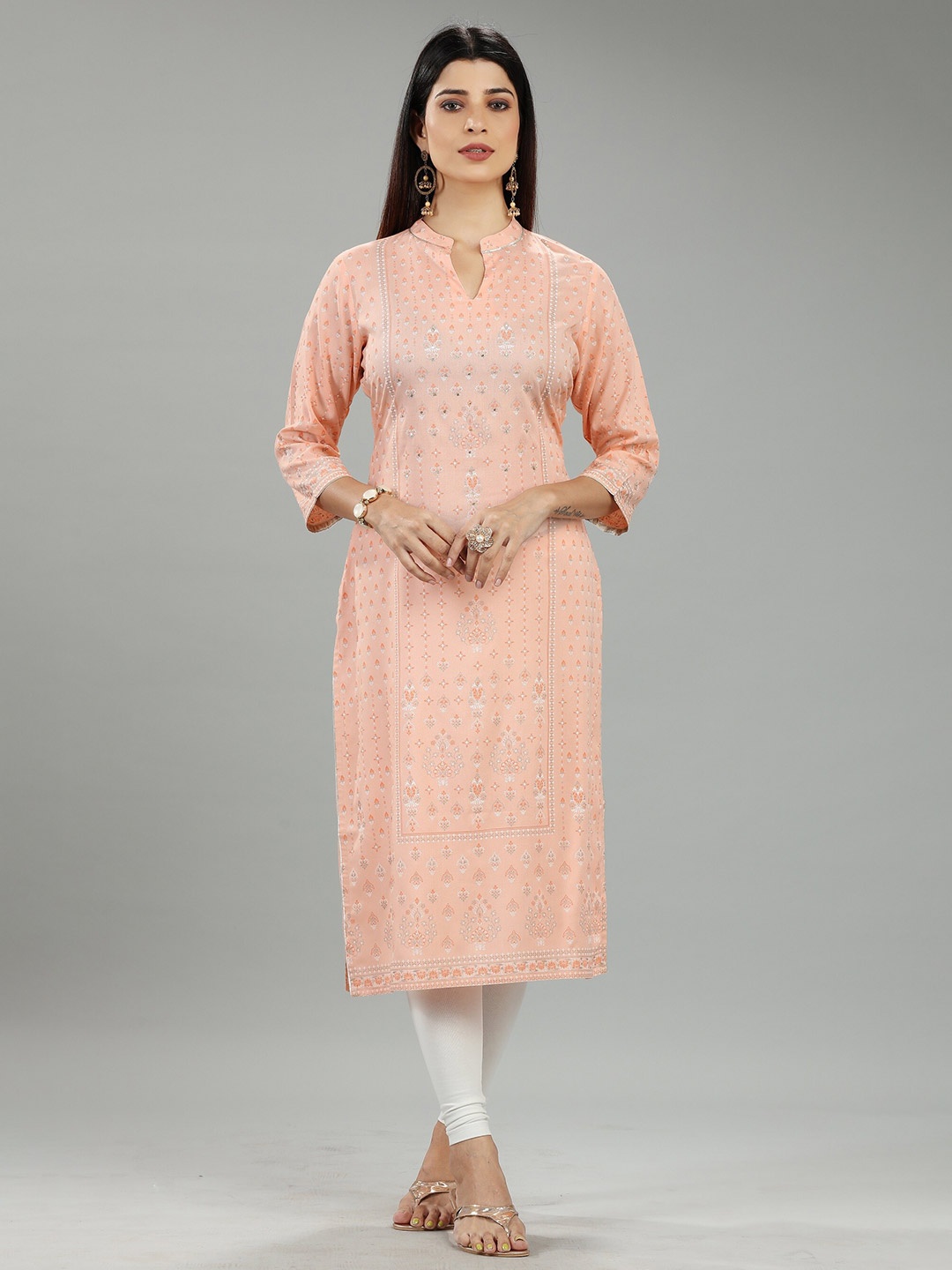 

COTTON CULTURE Floral Printed Cotton Mandarin Collar Sequinned Kurta, Peach