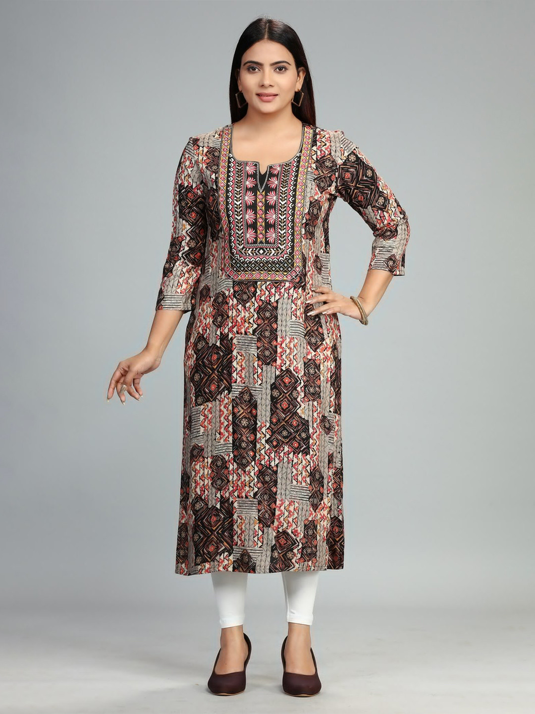 

COTTON CULTURE Floral Printed Thread Work Straight Kurta, Brown