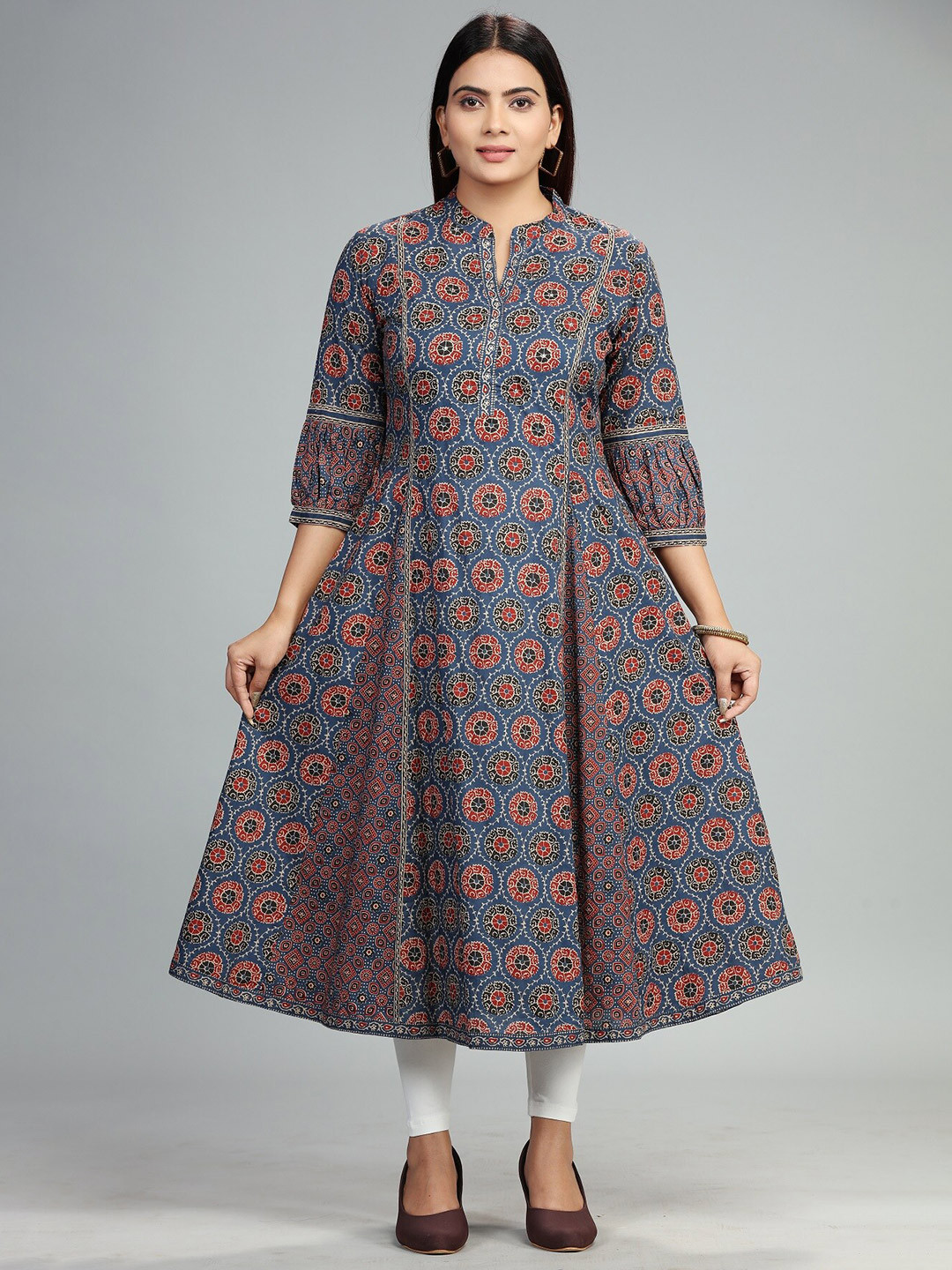 

COTTON CULTURE Ethnic Motifs Printed Cotton A-Line Kurta, Navy blue
