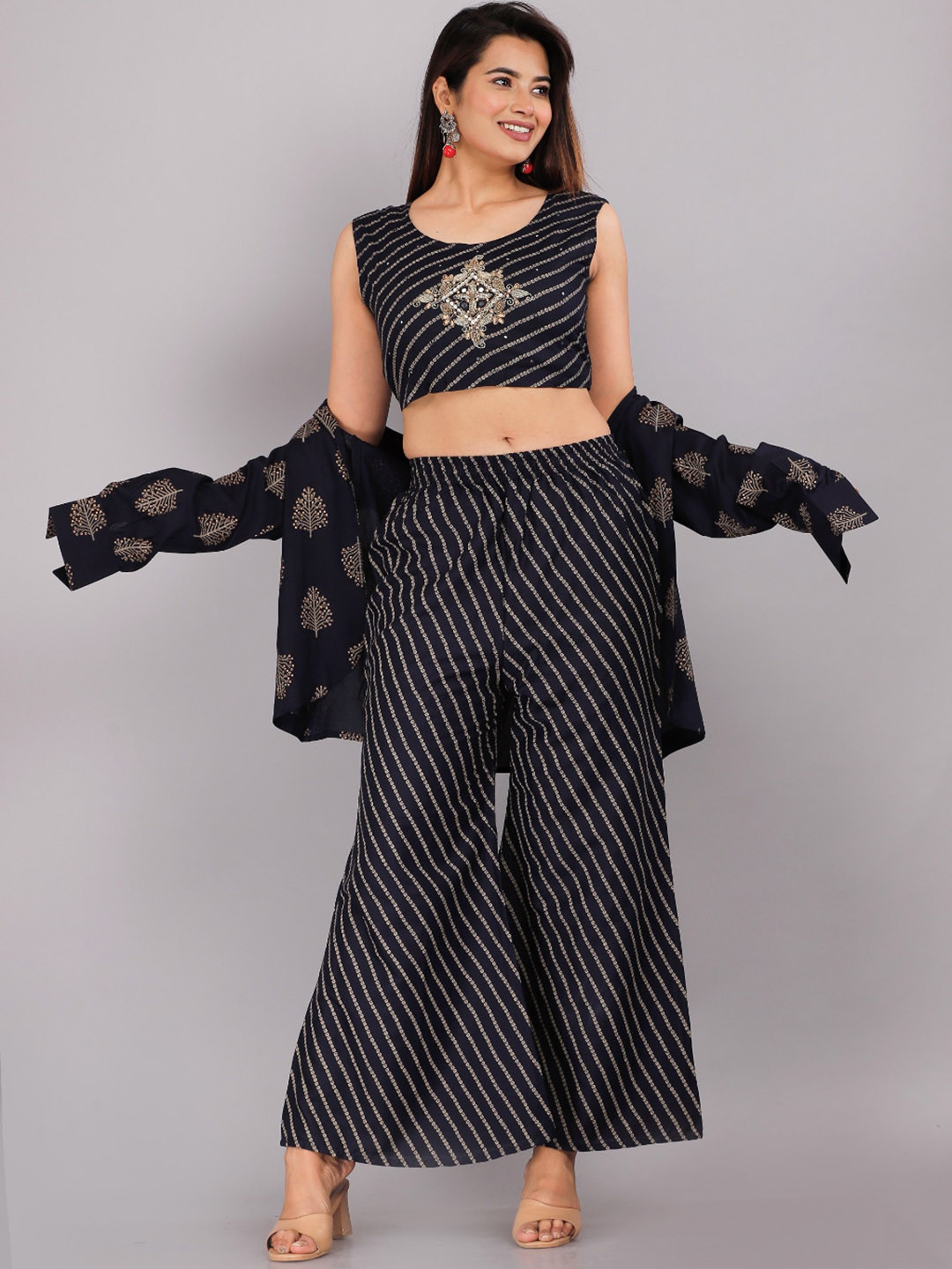 

KALINI Women Black Printed Thread Work Kurta with Sharara & With Dupatta
