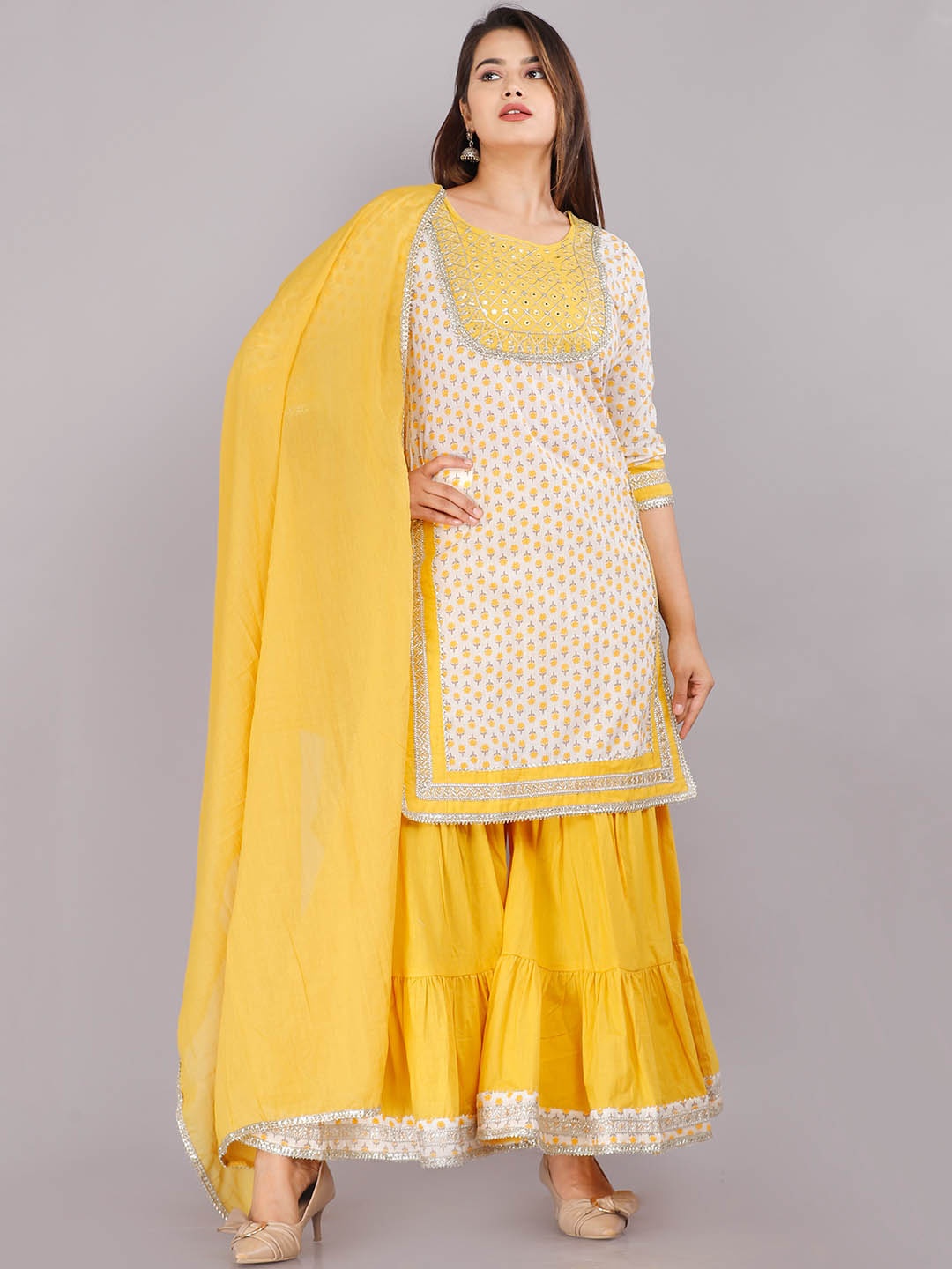 

KALINI Ethnic Motifs Printed Gotta Patti Pure Cotton Kurta & Sharara With Dupatta, Yellow