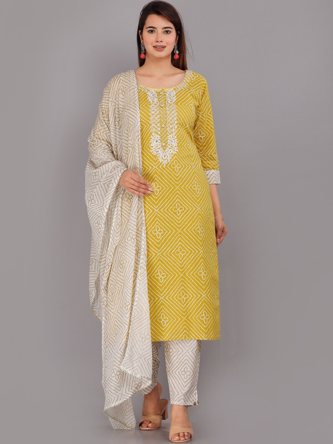 

KALINI Ethnic Motifs Printed Cotton Thread Work Straight Kurta & Trousers With Dupatta, Yellow