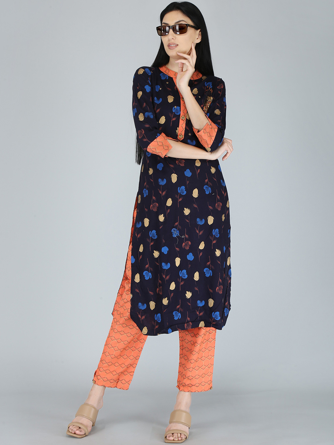 

KALINI Floral Printed Zardozi Pure Cotton Straight Kurta With Trousers, Navy blue